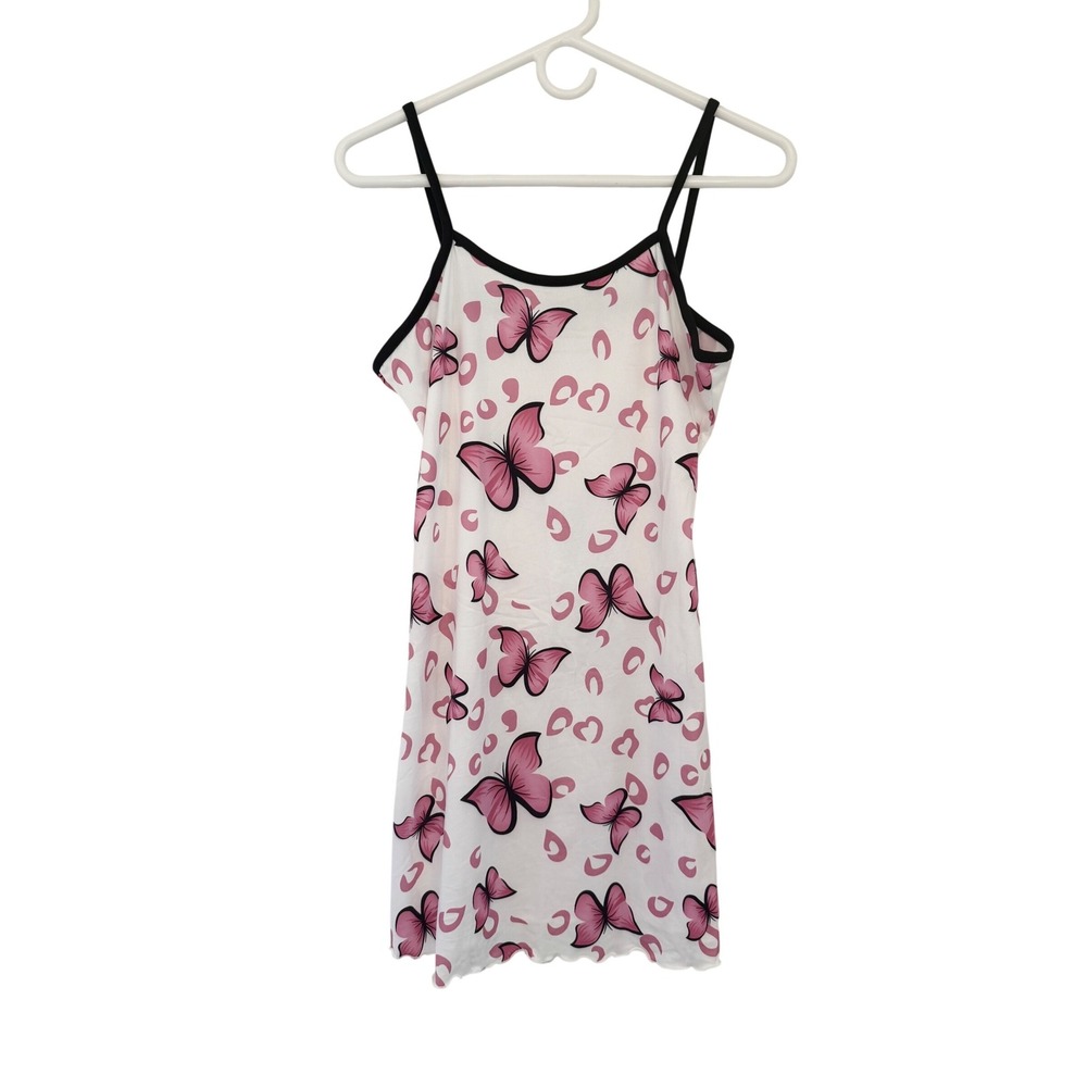 Pink Butterfly Print Nightgown Dress Black Trim Lettuce Hem Sleepwear Medium